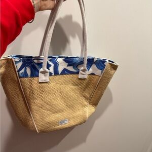 Dolce & Gabbana blue Floral Canvas and Tan Straw Tote Bag